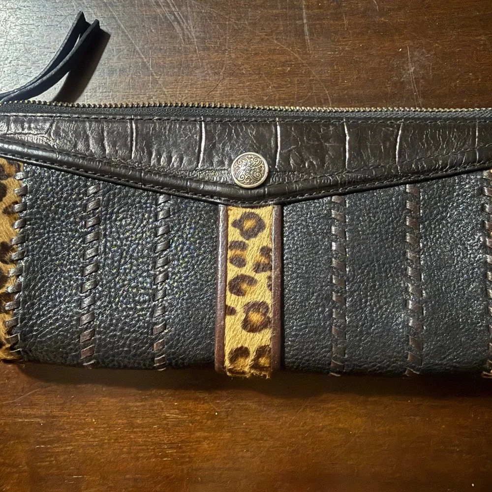 Brighton Black Leather & Leopard Haircalf Zip Card Holder